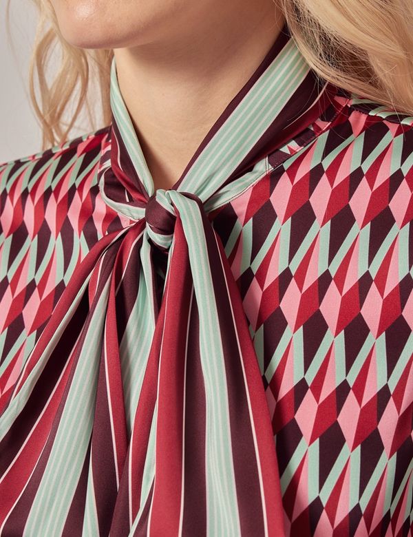 Women's Red & Green Geometric Satin Pussybow Blouse | Hawes