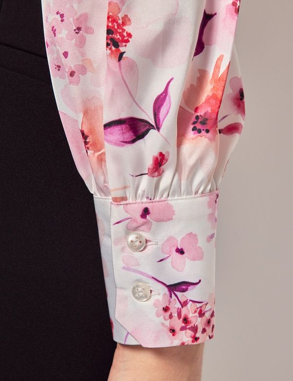 Women's White & Pink Floral Satin Pussybow Blouse | Hawes