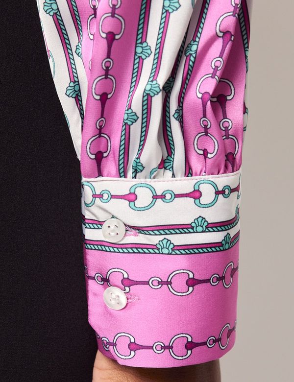 Women's Pink & White Chain Stripe Satin Pussybow Blouse