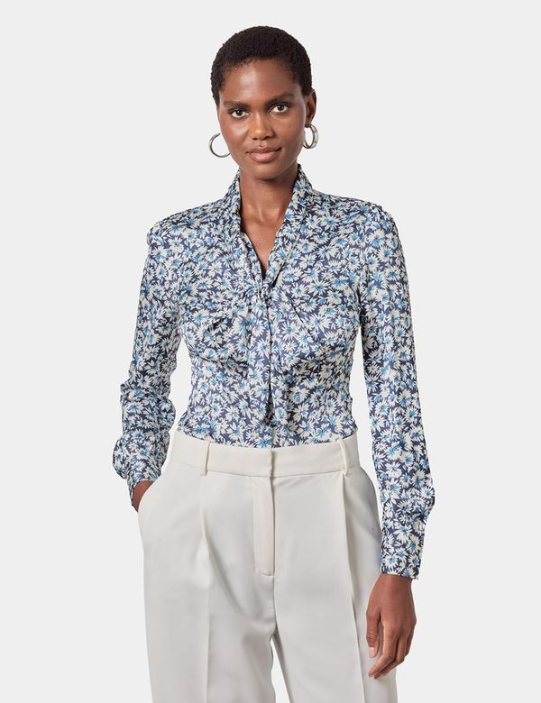 Women's Navy & Blue Floral Satin Pussybow Blouse | Hawes & Curtis