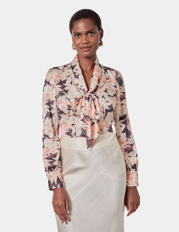 Women's Black & Cream Floral Pussybow Blouse | Hawes & Curtis