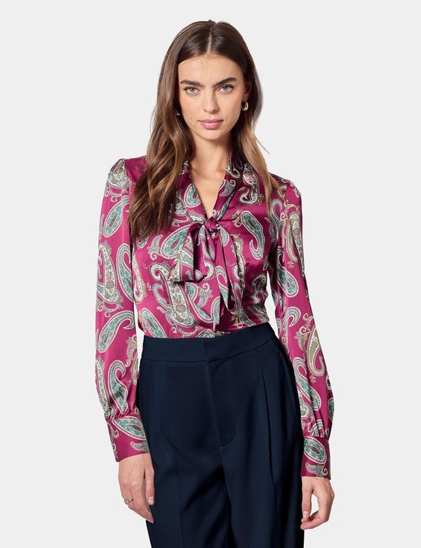 Wine & Green Large Paisley Pussybow Blouse