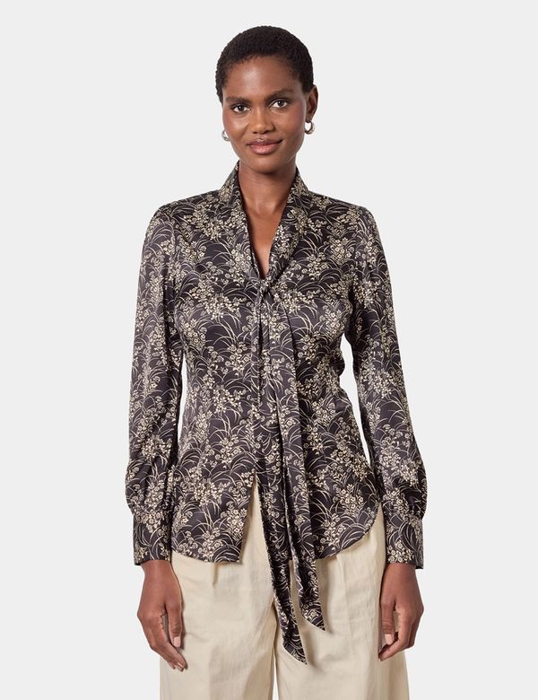 Black & Cream Floral Pussybow Blouse