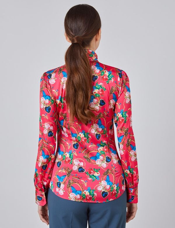 Women's Pink & Blue Floral Fitted Satin Blouse - Single Cuff