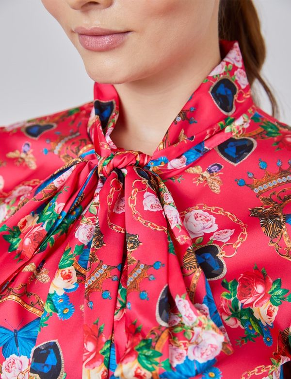 Women's Pink & Blue Floral Fitted Satin Blouse - Single Cuff