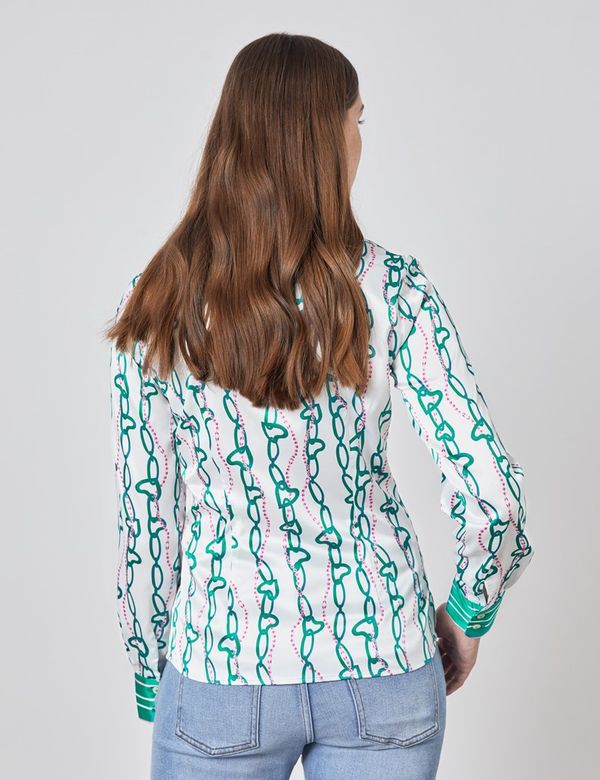 Satin Women's Fitted Shirt with Chain Stripe Print and Pussy