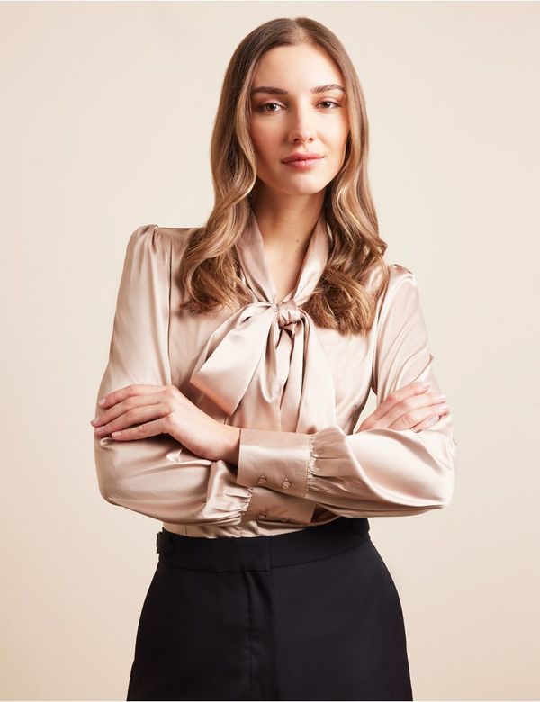 Women's Taupe Satin Pussybow Blouse | Hawes & Curtis