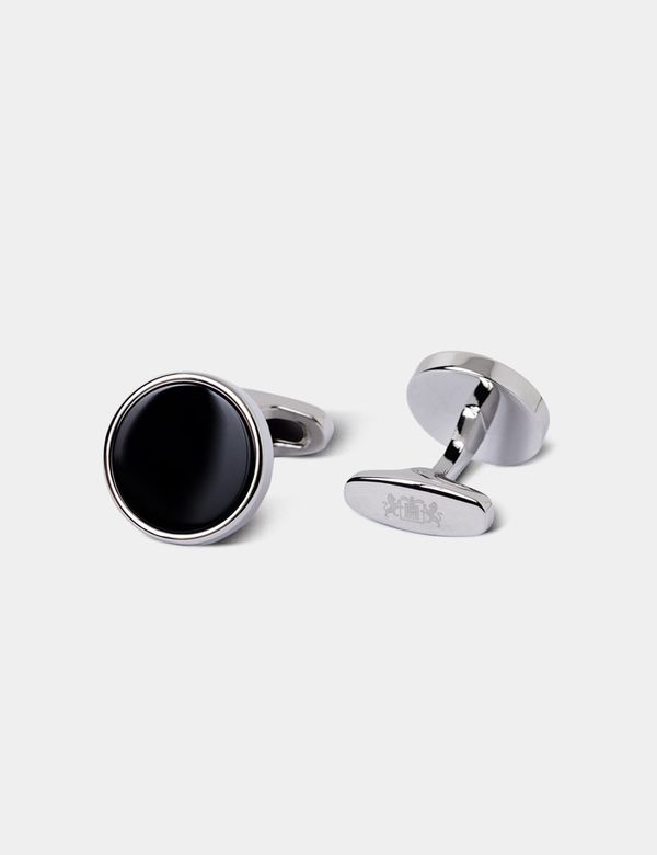 Men's Silver Round Cufflinks - Black Onyx Detail | Hawes