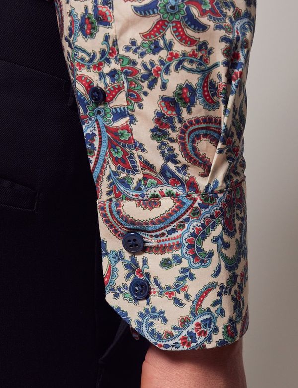 Men's Cream & Green Paisley Slim Shirt - High Collar Men's Cream & Green Paisley Slim Shirt - High Collar