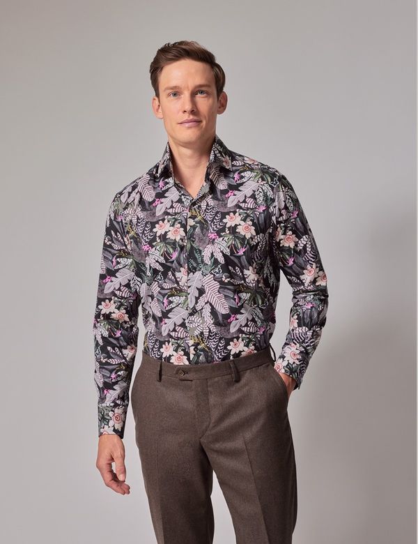 Men's Green & White Floral Slim Shirt - High Collar | Hawes