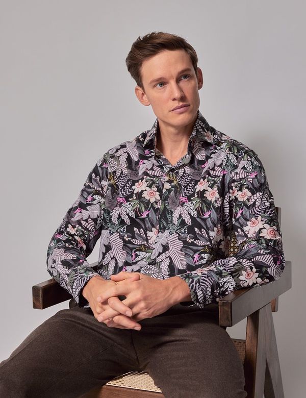 Men's Green & White Floral Slim Shirt - High Collar | Hawes