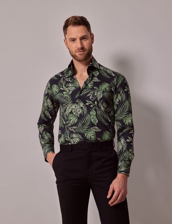 Men's Navy & Green Leaf Slim Shirt - High Collar | Hawes