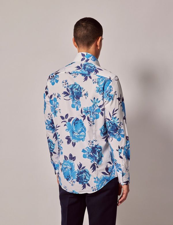Men's White & Blue Painted Floral Slim Diamond Weave Shirt