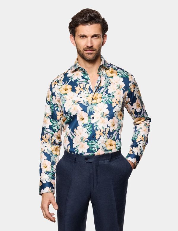 Slim Fit Navy & Cream Floral Diamond Weave Curtis Shirt