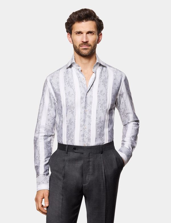 Slim Fit Grey & White Stripe Jacquard Curtis Shirt