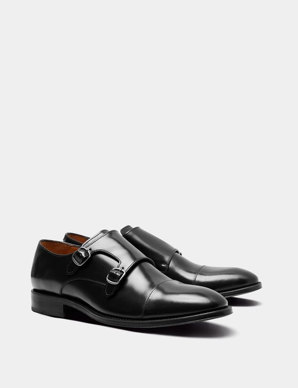 Men's Black Leather Double Monk Strap Shoe | Hawes & Curtis
