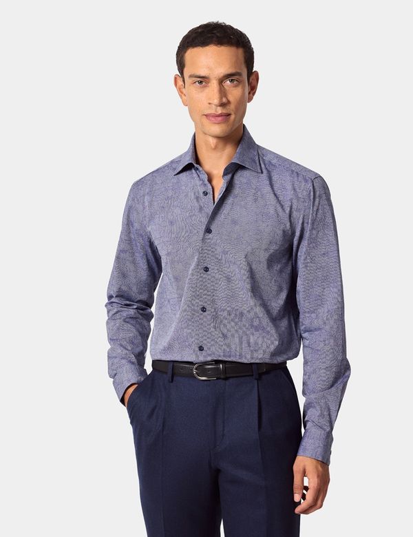 Slim Fit Navy & White Semi Plain Jacquard Curtis Shirt