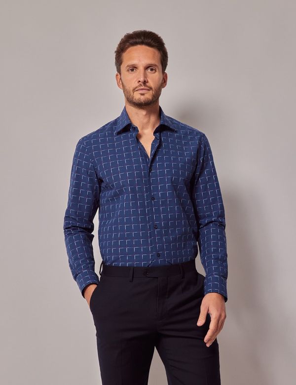 Men's Navy Jacquard Check Slim Shirt | Hawes & Curtis