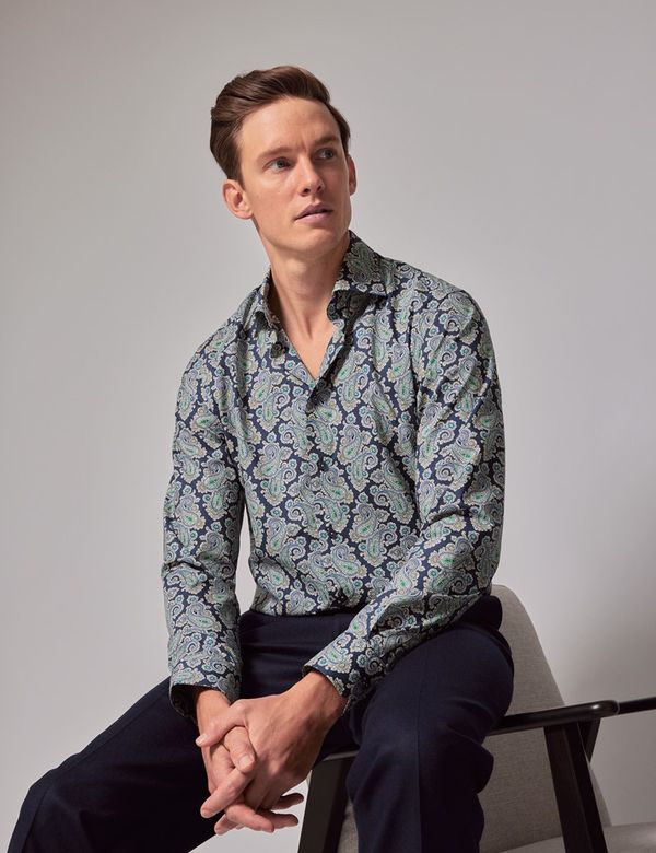Men's Navy & Cream Paisley Slim Shirt | Hawes & Curtis