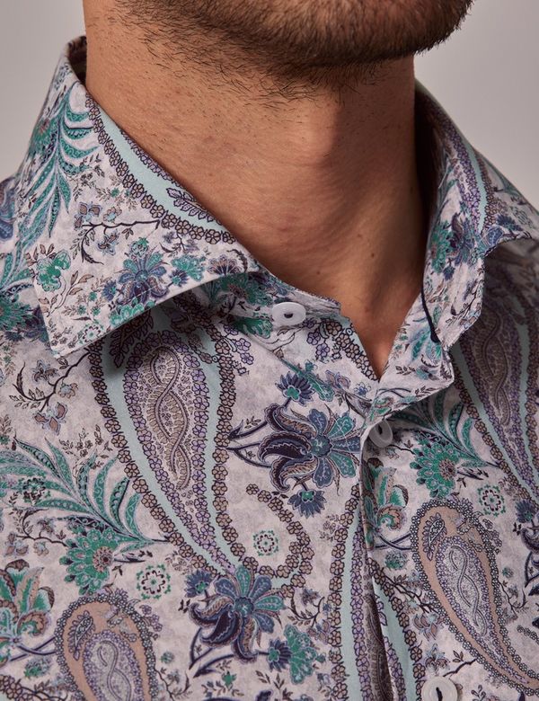 Men's White & Green Paisley Slim Shirt | Hawes & Curtis