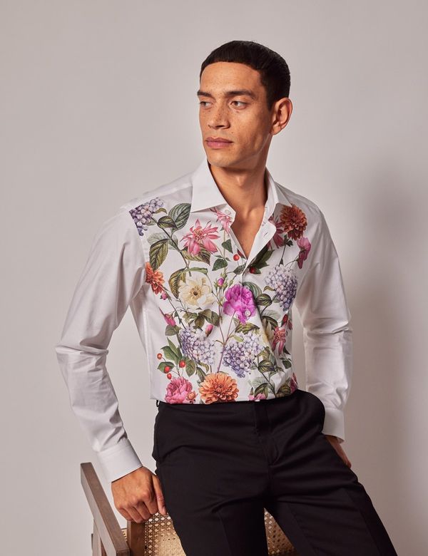 Men's White & Green Floral Slim Shirt | Hawes & Curtis