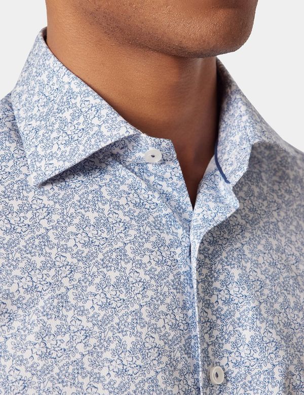 Men's Blue Smart Slim Fit Floral Printed Weave Cotton Casual Shirt