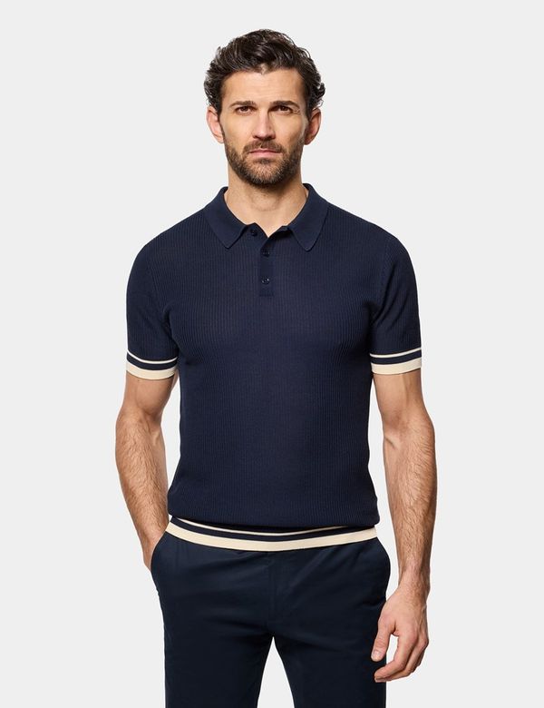 Men's Navy Tipped Textured Rib Knitted Cotton Polo Shirt – Short