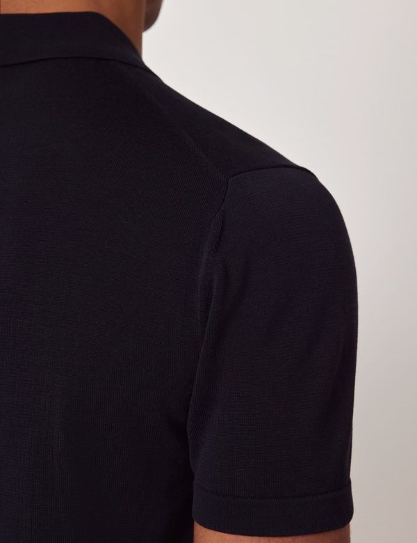 Mens Check Texture Button Thru Long Sleeve Polo Shirt in Dark Sapphire Navy