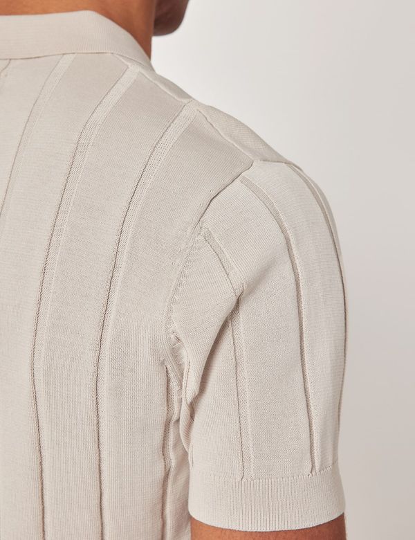 Men's Light Taupe Inverted Rib Knitted Polo Shirt - Short
