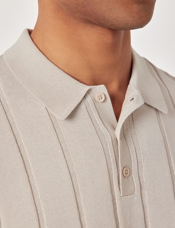 Men's Light Taupe Inverted Rib Knitted Polo Shirt - Short Sleeve