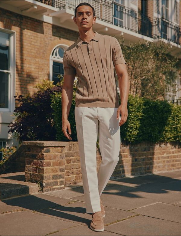 Men's Dark Beige Inverted Rib Knitted Polo Shirt - Short