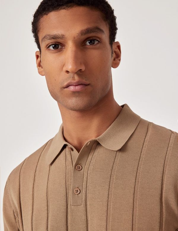 Men's Dark Beige Inverted Rib Knitted Polo Shirt - Short Sleeve