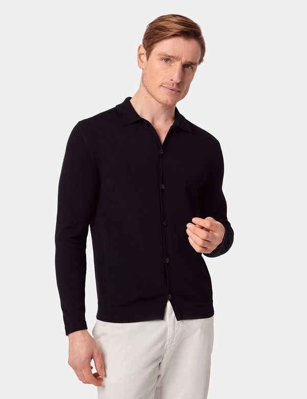 Slim Fit Black Button Through Knitted Polo Shirt - Long Sleeve
