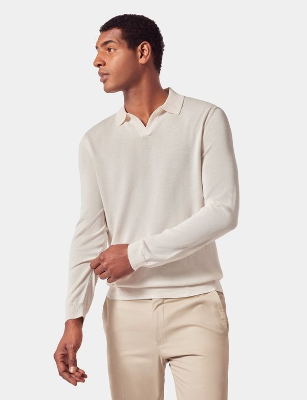 Hawes & Curtis Cream Premium Knitted Polo Shirt | Long Sleeve | Cotton | Plain | Men's Hawes & Curtis Cream Premium Knitted Polo Shirt | Long Sleeve | Cotton | Plain | Men's