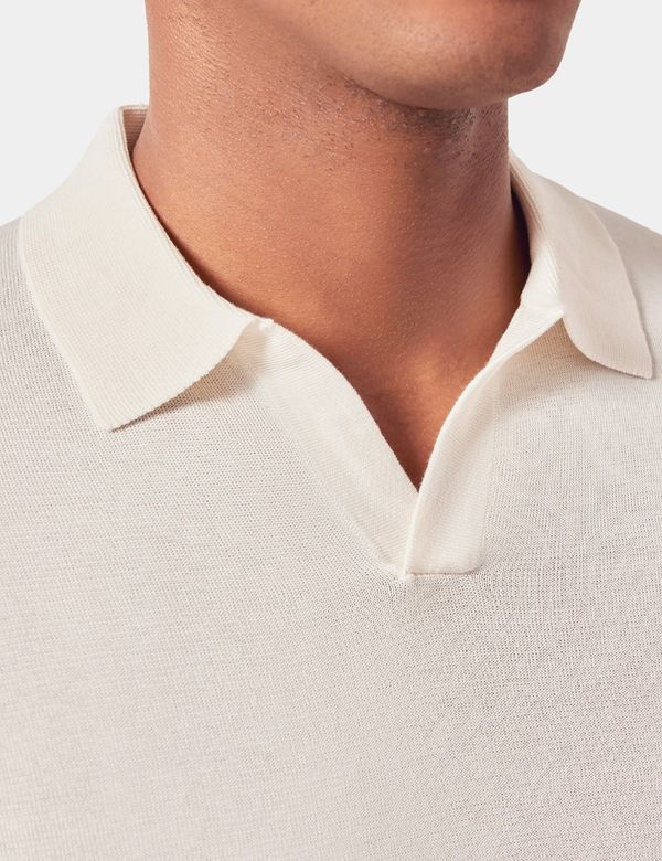 Men's Cream Open Collar Knitted Cotton Polo Shirt – Long