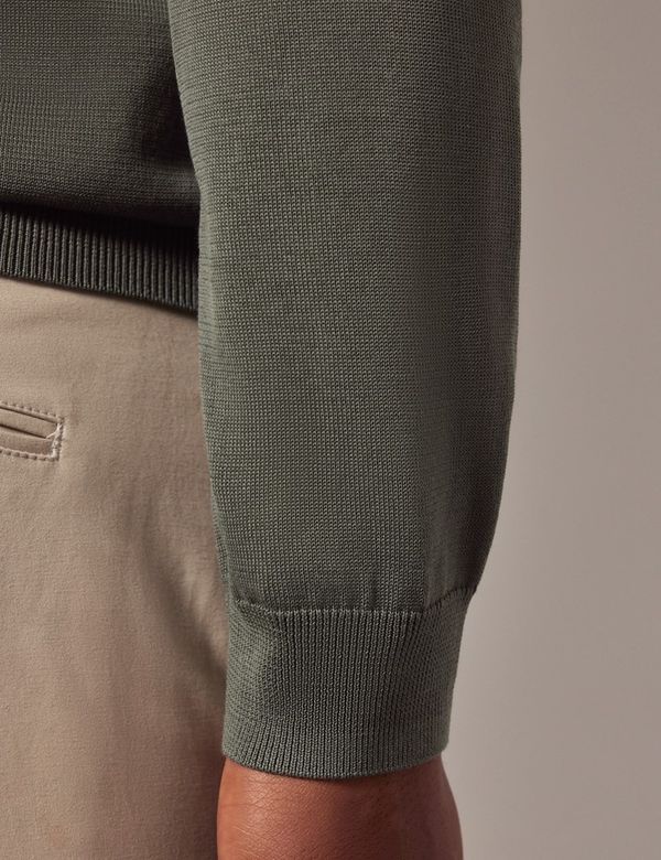 Men's Dark Sage Open Collar Knitted Cotton Polo Shirt – Long
