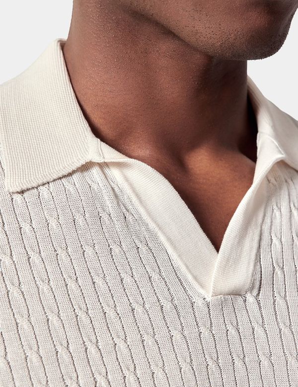 Men's Cream Open Collar Cable Knitted Cotton Polo Shirt – Short