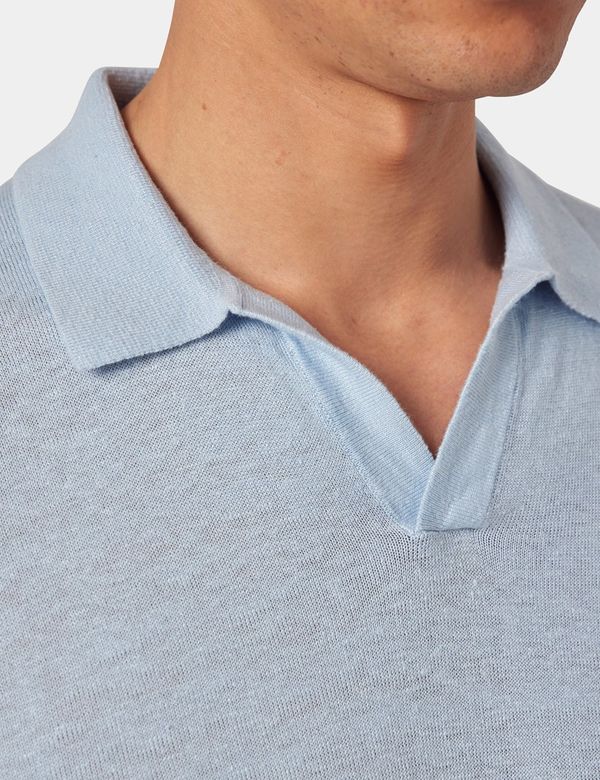 Men's Light Blue Open Collar Linen Polo Shirt – Short Sleeve