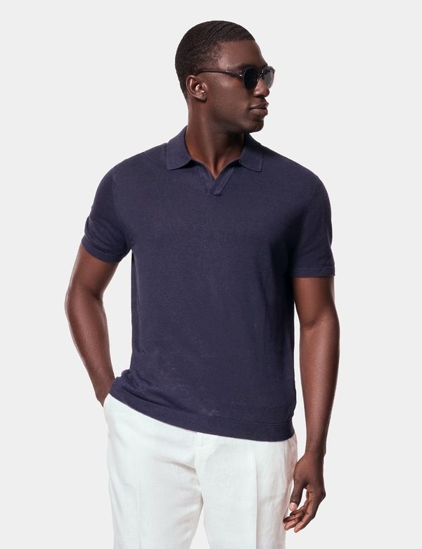 Men's Navy Open Collar Linen Polo Shirt – Short Sleeve | Hawes and