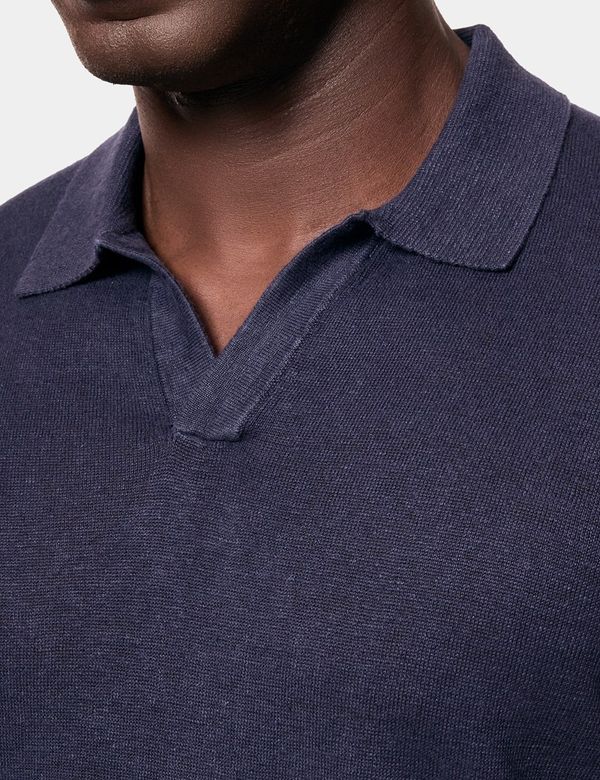 Men's Navy Open Collar Linen Polo Shirt – Short Sleeve | Hawes and