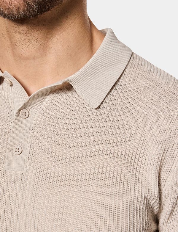 Men's Light Taupe Tipped Textured Rib Knitted Polo Shirt | Hawes