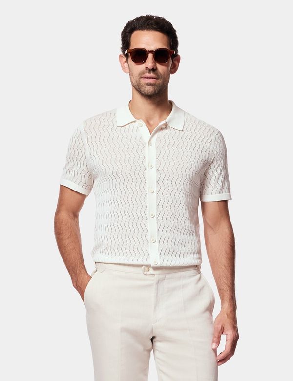 Cream Premium Button Through Zig Zag Stitch Polo Shirt