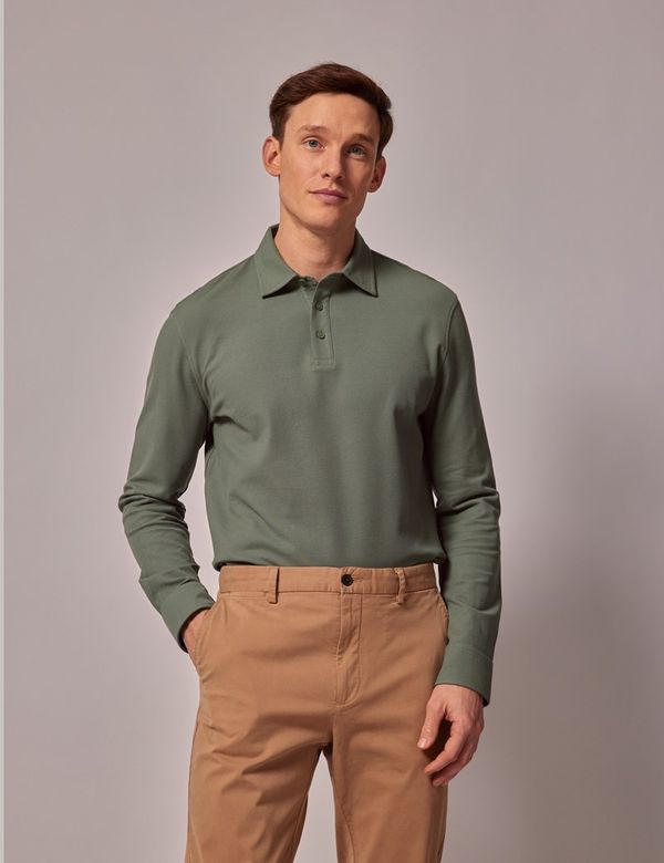 Slim Fit Green Piqué Polo Shirt - Long Sleeve