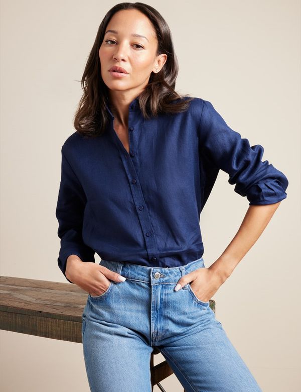 Women's Relaxed Fit Navy Linen Shirt | Hawes and Curtis