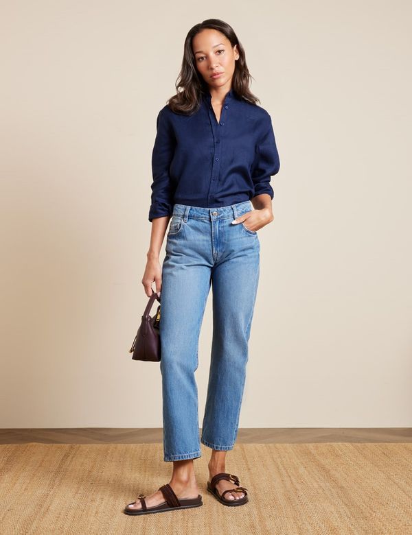 Women's Relaxed Fit Navy Linen Shirt | Hawes and Curtis