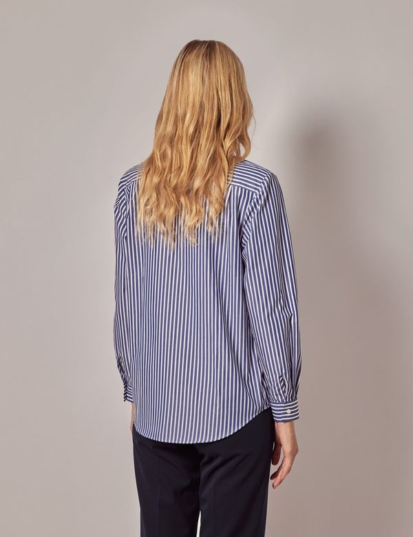 Women's Navy & White Bengal Stripe Cotton Relaxed Fit Shirt| Hawes and ...