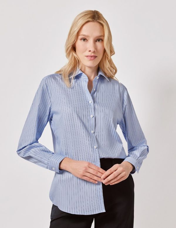Women's Blue & White Double Stripe Cotton Relaxed Fit Shirt