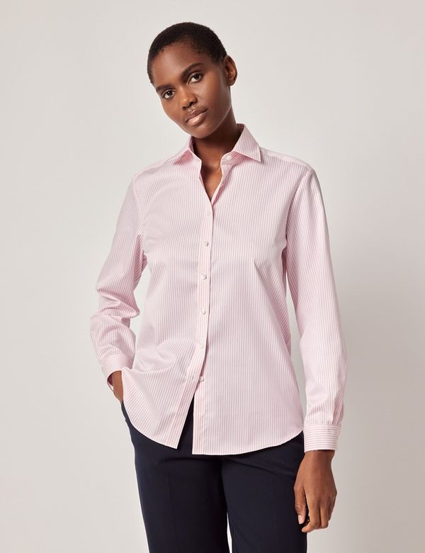 Women's Pink & White Fine Stripe Cotton Relaxed Fit Shirt