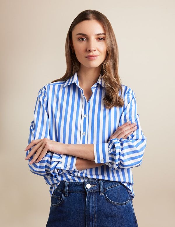 blue and white striped dress shirt womens Hawes & Curtis Relaxed Fit Blue & White Bengal Stripe Shirt | Blue/White | Cotton | Striped