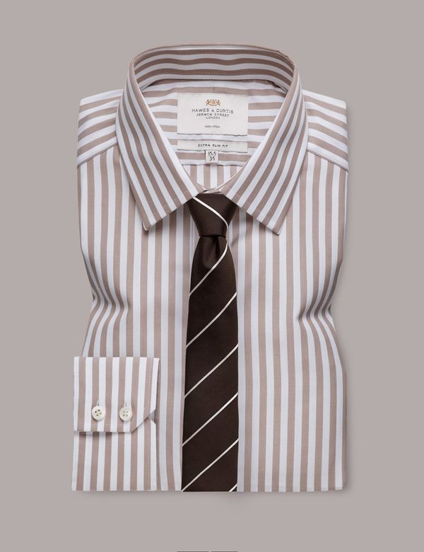 Men's Non-Iron Beige & White Bold Stripe Extra Slim Shirt